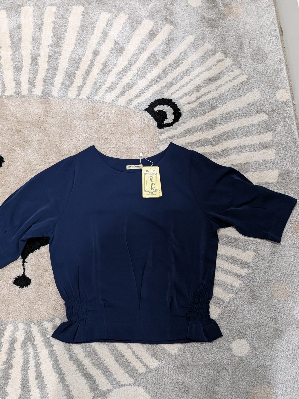 Navy Short-Sleeve Smocked Waist Blouse